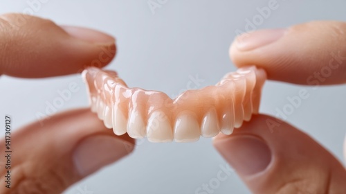 Wallpaper Mural Hands delicately holding a set of upper dentures against a clean, light background in close-up. Torontodigital.ca