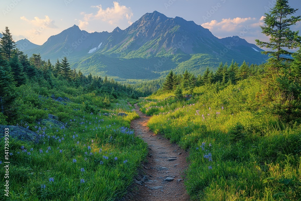 Mountain trail through wildflowers Mountain trail through wildflowers
