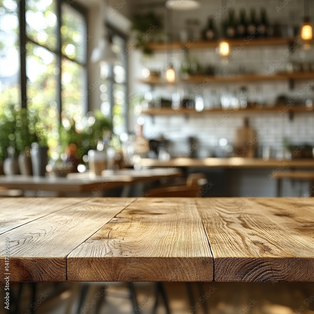 Empty Wooden Kitchen Table with Blurry Background of a Cozy Kitchen with Plants and Natural Lighting Empty Wooden Kitchen Table with Blurry Background of a Cozy Kitchen with Plants and Natural Lighting