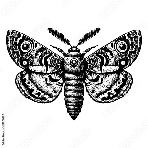 Moth sketch engraving black and white outline. Scratch board imitation.