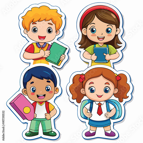 Happy children with books and backpacks
