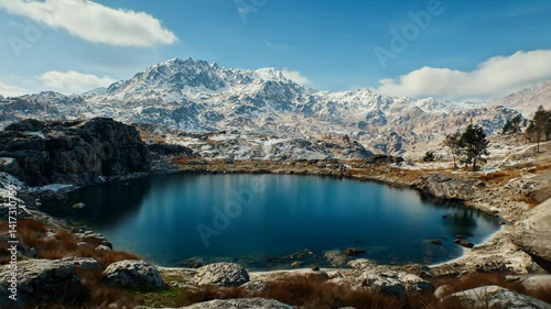 Alpine Lake and Snow Capped Mountain under a Bright Sky