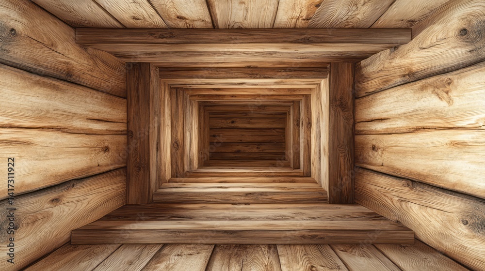 Repeating square tunnel constructed from natural wooden planks creates depth Repeating square tunnel constructed from natural wooden planks creates depth