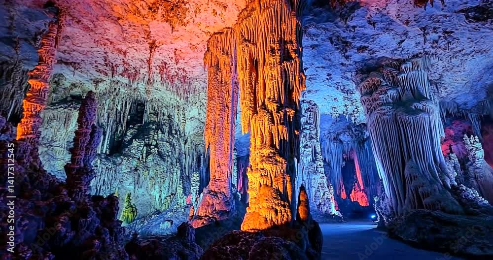 Colorful cave formations with illuminated stalactites