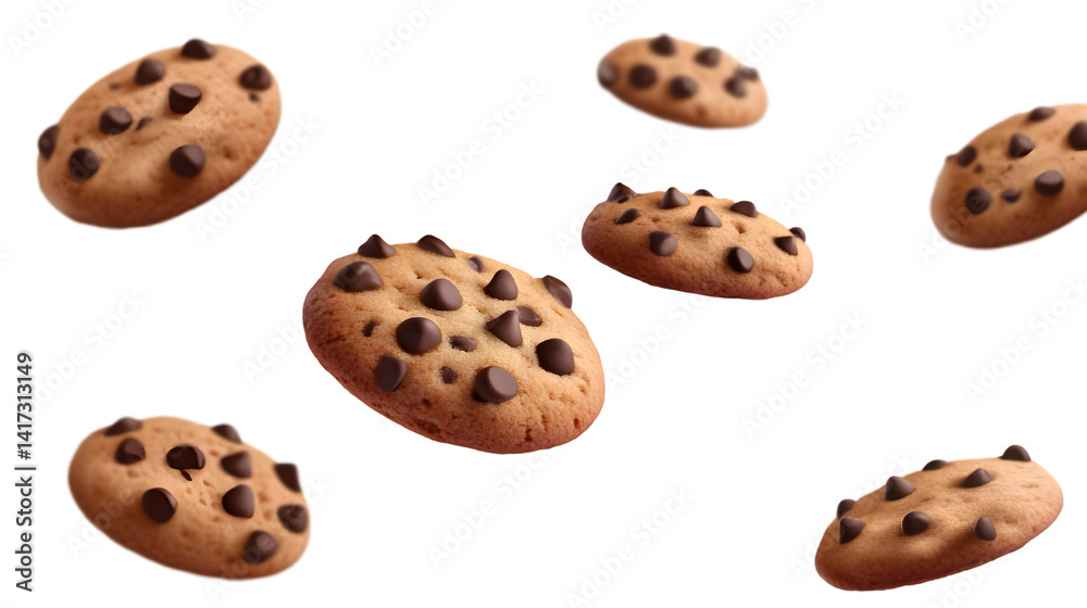 Delicious Chocolate Chip Cookies Floating and Falling on a White Background Delicious Chocolate Chip Cookies Floating and Falling on a White Background