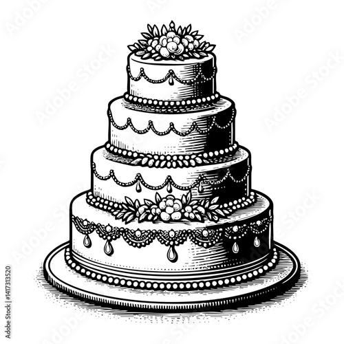 Wedding cake  sketch engraving black and white outline. Scratch board imitation.  illustrated in vintage line art style on a white background.