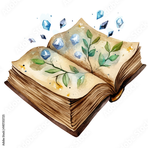 Spellbook With Pages Turning On Their Own, vector watercolor illustration, isolated on a white background.