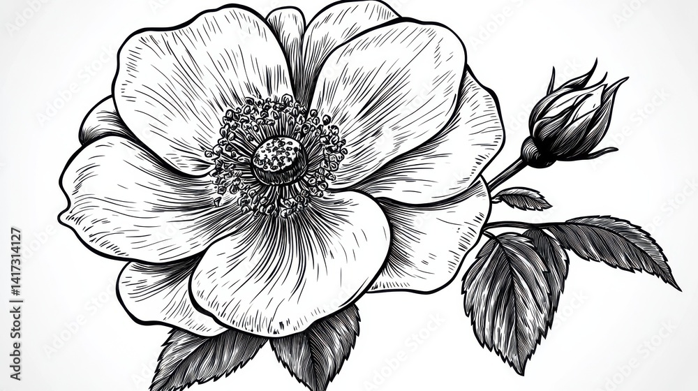 Fototapeta premium Wildflower rosa canina in a vector style isolated. Black and white engraved ink art. Vector flower for background, texture, wrapper pattern, frame or border.