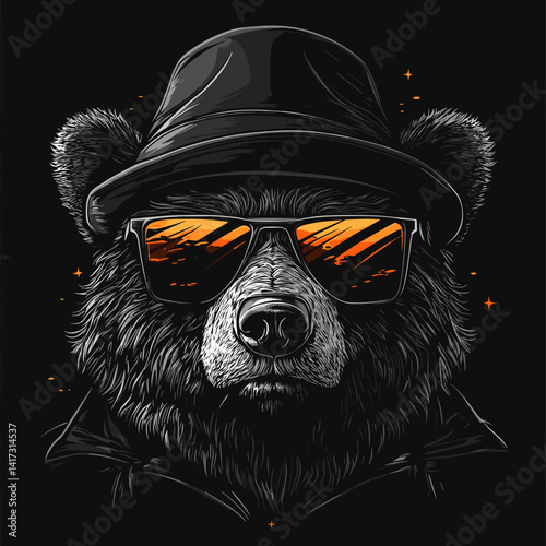 A strong vector bear wearing a classic fedora and square sunglasses patterned with the German flag, heavy black fills and white highlights