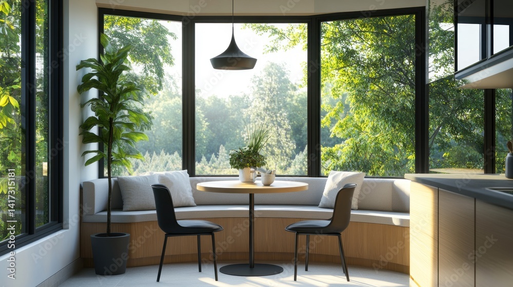 Fototapeta premium Modern kitchen nook with expansive window views. Sunlight streams into a cozy, curved seating area