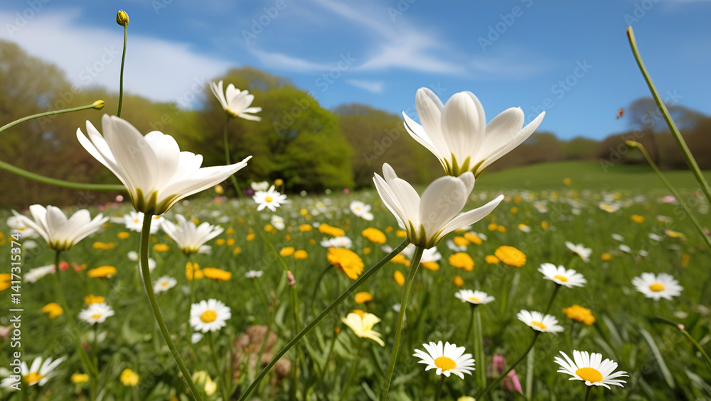 A serene spring landscape with white flowers covering the field, glowing gently in the morning light