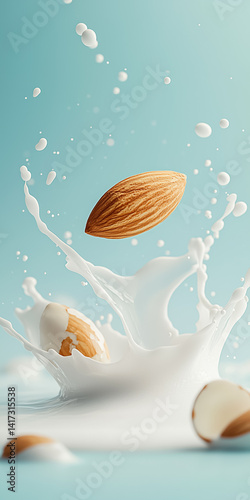 Almonds splashing into milk, creating dynamic shapes and textures in a refreshing culinary moment.