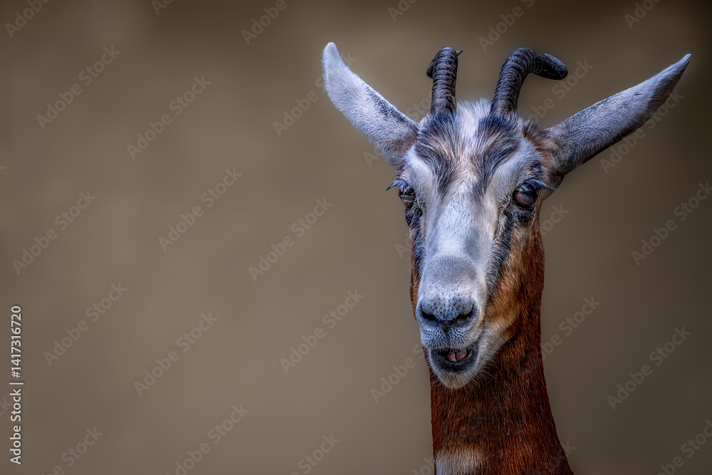 Fototapeta premium Close-up portrait of a gazelle with curved backward horns, wide expressive eyes, and sleek tan fur against a neutral brown background