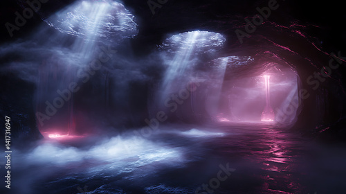 Wallpaper Mural Enigmatic Cave with Glowing Light Pillars and Mystical Atmosphere Torontodigital.ca