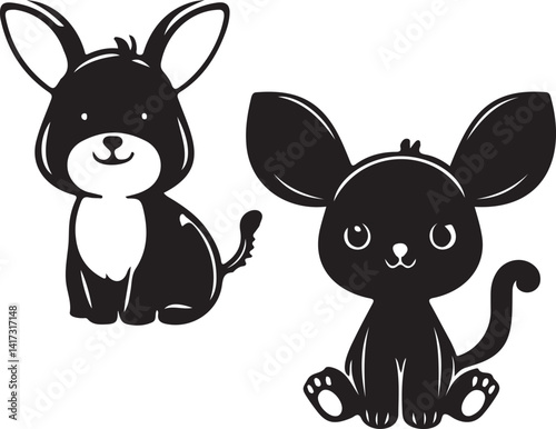 Two vector images of black and white cartoon animals with large ears are displayed on Adobe Stock. These cute animals are likely intended for illustrations or vector art projects.