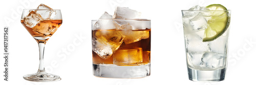  COKTAIL AND ICE on the glass, transparent  background