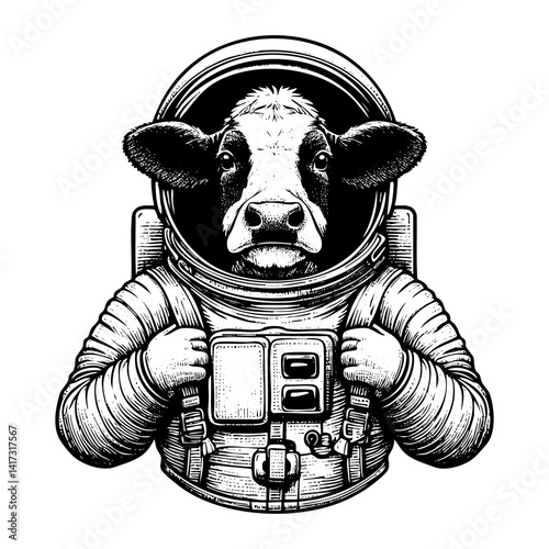Cow wear astronaut suit sketch engraving black and white outline. Scratch board imitation.  illustrated in vintage line art style on a white background.