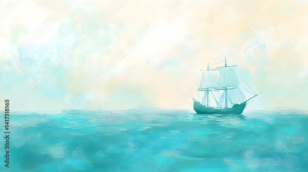 Dreamy ocean view with a tranquil sailing vessel under a pastel sky Dreamy ocean view with a tranquil sailing vessel under a pastel sky