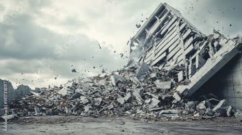 Destroyed building debris scattered against gray sky background.