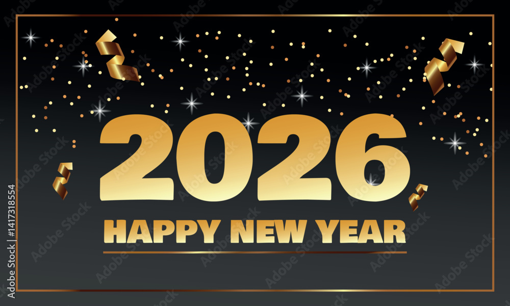 Obraz premium Happy new year 2026, gold numbers with golden Christmas decoration, symbol of the year Horse, glare and confetti on dark, red, blue background. Holiday card, banner design