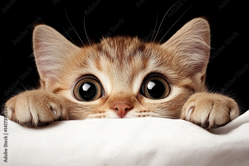 Obraz premium Curious kitten peeking over soft white surface against black background