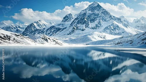 Snowcapped Mountain Range Reflected in Icy Lake