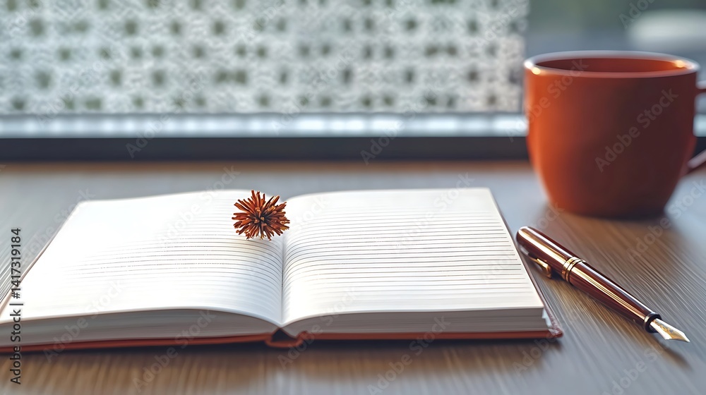 Naklejka premium Open notebook, pen, & mug on table, cozy view, soft light through window, small flower accent