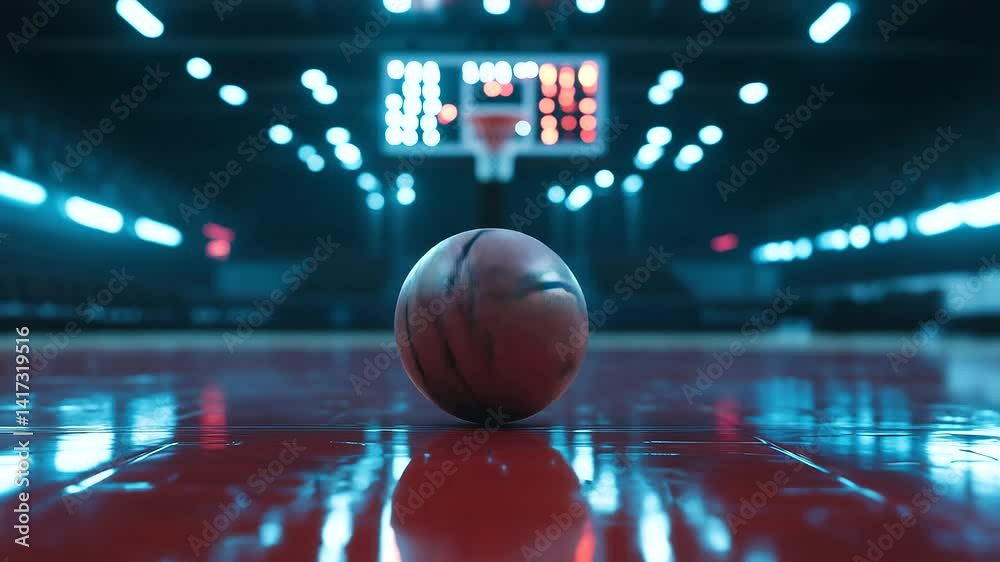 The satisfying moment when a basketball barely brushes the rim before dropping, with reflections of bright LED scoreboards in the polished hardwood below