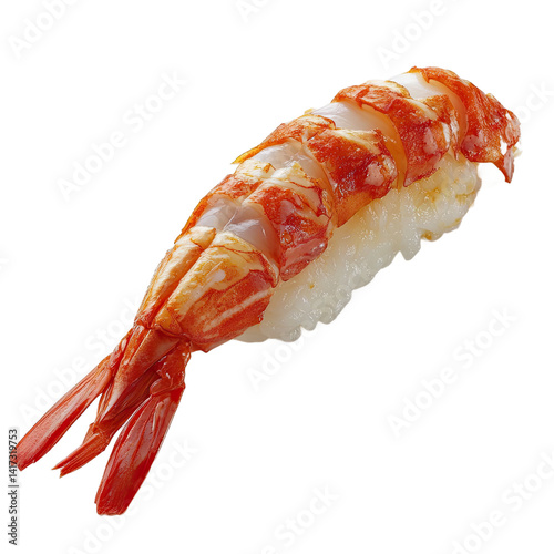 Close-up of a single piece of vibrant teriyaki shrimp sushi on a light colored surface. photo