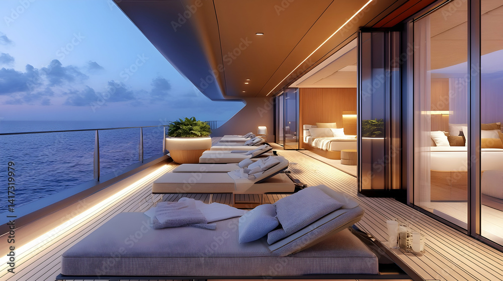 Fototapeta premium Luxurious oceanfront balcony with modern chaise lounges and serene ocean view