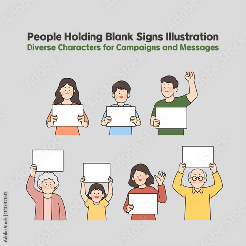 People Holding Blank Signs Illustration for Campaigns and Messages. signs, activism poster, vector characters, hand drawn people, cartoon protest, custom message sign, awareness campaign