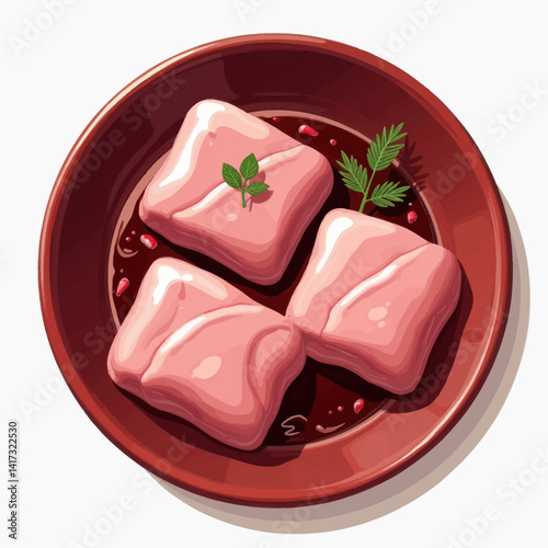 Create enticing food-themed visuals with this visually appealing vector graphic of raw pork belly slices on a plate, perfect for BBQ restaurant websites, Asian cuisine promotions, and food packaging d