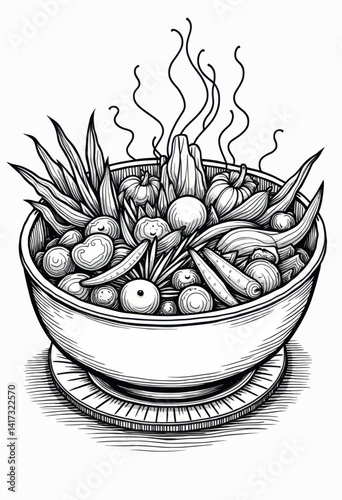 Create inviting culinary designs with this artistic line art vector of a hearty vegetable soup bowl, ideal for restaurant menus, vegetarian cookbooks, and promoting wholesome meals emphasizing fresh i
