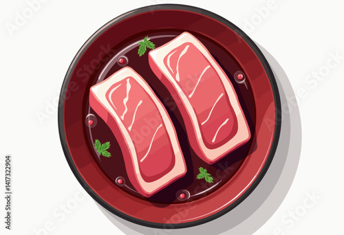 Showcase culinary delights with this enticing vector illustration of raw pork belly slices on a plate, perfect for restaurant menus, food blogs, and recipe websites highlighting Asian cuisine and BBQ 