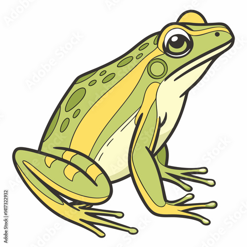 Cute green amphibian frog, a funny cartoon animal, sitting wild on a leaf or branch in nature