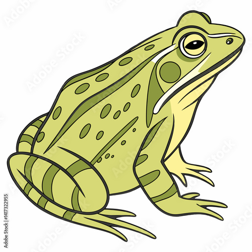 A green cartoon frog, an isolated amphibian with big eyes, sits on a white background in this cute wildlife illustration