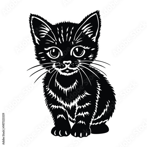 A cute black and white feline pet cartoon vector illustration shows a sitting kitty
