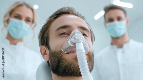 Obraz na płótnie Patient receives oxygen during a dental treatment with medical professionals in attendance. w salonie