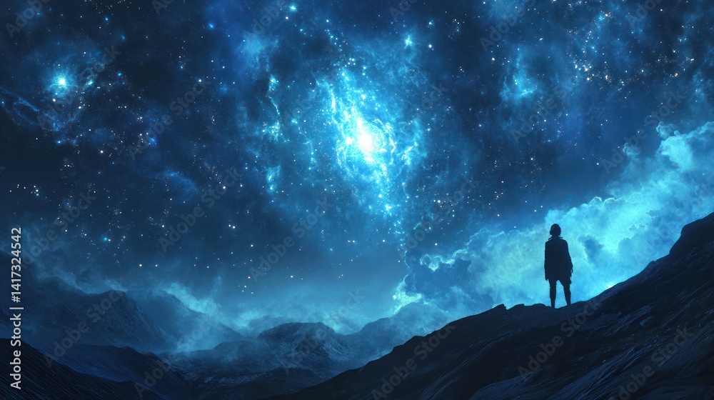 Fototapeta premium Contemplative figure under celestial expanse with mountains and star clusters