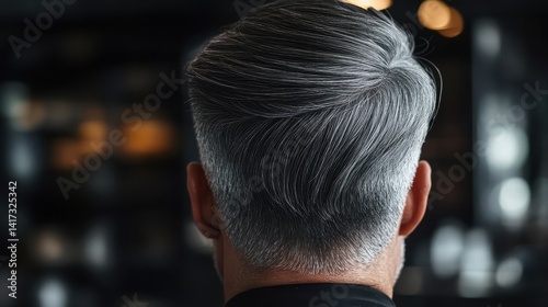 Close-up of a man's well-groomed gray hair from behind. Use for hairstyle, aging, or men's grooming concepts.