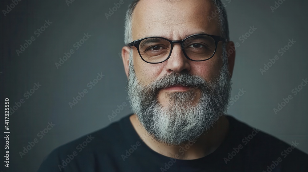 Portrait of happy mature man wearing spectacles and looking at camera indoor. Man with beard and glasses feeling confident. Handsome mature man posing against a grey background
