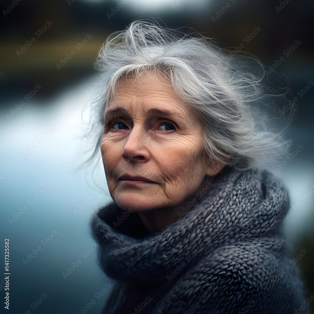Portrait of serene elderly lady wearing grey wool sweater near calm lake in tranquil autumn setting during sunset Portrait of serene elderly lady wearing grey wool sweater near calm lake in tranquil autumn setting during sunset