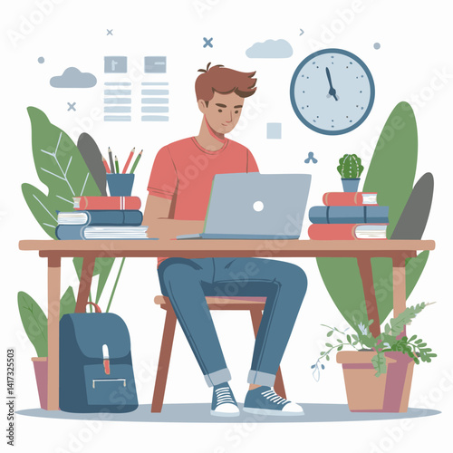 Flat vector of a student studying at a desk with books and a laptop. Clean and minimal design with solid colors. Perfect for education, e-learning, or academic content.