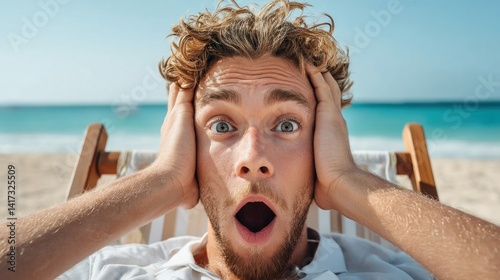 A surprised man is captured on the beach, his open mouth and wide eyes expressing shock and wonder.