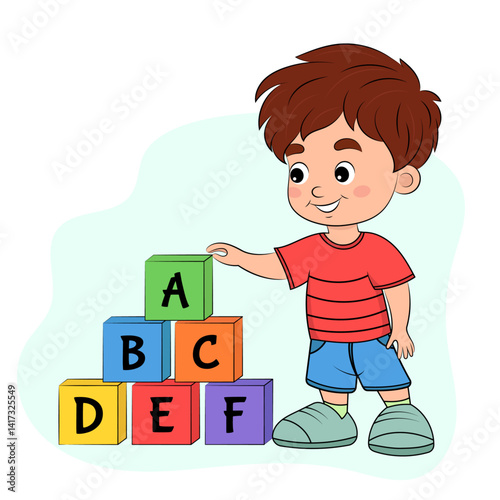 Cute little boy playing with colorful cubes with letters of the alphabet, preschool learning, cartoon style, educational games