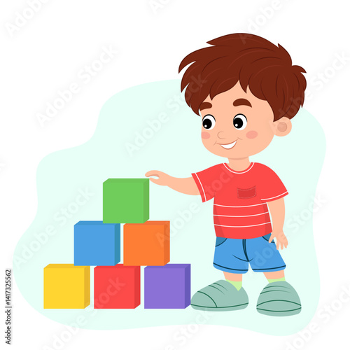 Cute little boy playing with colorful cubes, cartoon style, educational games, preschool learning