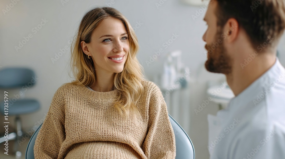 Fototapeta premium A pregnant woman smiles as she consults with her doctor in a bright and welcoming office.