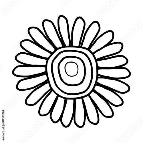 Head of  flower,  flowering plant,  part of  flower,  core with petals. In black and white. Decoration for postcards, posters, business cards, invitations. One icon isolated on  white background.