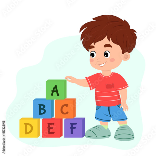 Cute little boy playing with colorful cubes, cartoon style, educational games, preschool learning