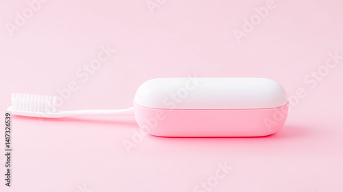 Dental floss, a pink toothbrush, and a white plastic case on a isolated background photo